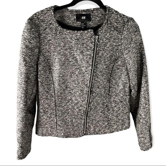 H&M women’s silver metallic tweed asymmetric zip blazer jacket size 8 - Picture 1 of 6